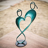 Steel and cotton sculpture, 'Infinite Love' - Heart Shaped Blue Metal Sculpture from Peru