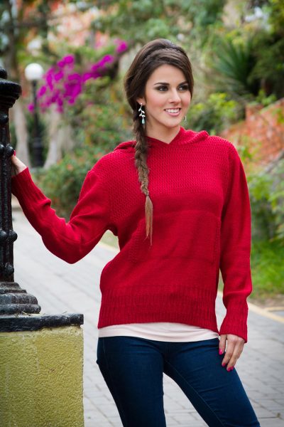 100% alpaca hoodie sweater, 'Arequipa Red' - Red Alpaca Hoodie Sweater