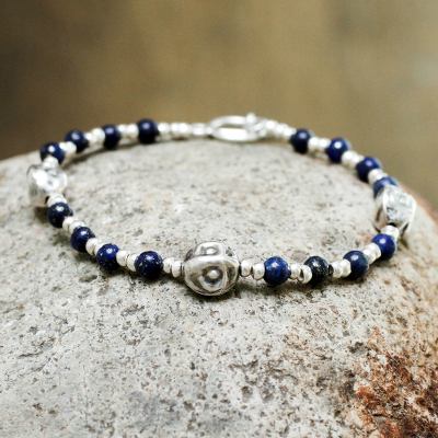 Lapis lazuli beaded bracelet, 'Modern Moche' - Andes Silver and Lapis Bracelet