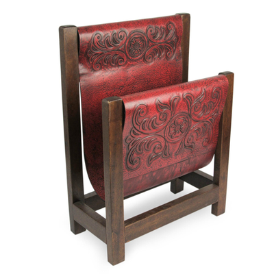 Leather and cedarwood magazine rack, 'Historic Elegance in Red' - Handcrafted Leather and Cedar Wood Magazine Rack