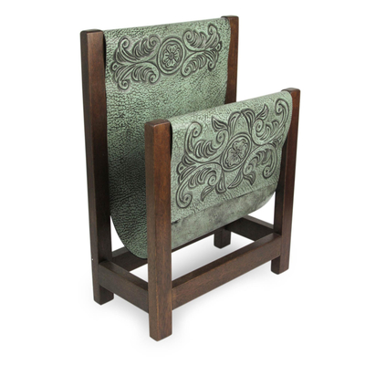 Leather and cedarwood magazine rack, 'Historic Elegance in Green' - Handcrafted Leather and Cedar Wood Magazine Rack