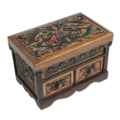 Cedar and leather jewelry box, 'Lovebirds' - Bird Theme Hand Tooled Polychrome Leather Jewelry Box