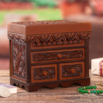 Cedar and leather jewelry box, 'Avian Haven' (large) - Bird Theme Hand Tooled Brown Leather Jewelry Box