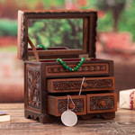 Cedar and leather jewelry box, 'Avian Haven' (large) - Bird Theme Hand Tooled Brown Leather Jewelry Box