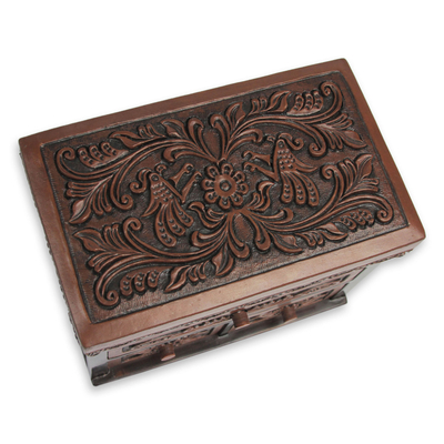 Cedar and leather jewelry box, 'Avian Haven' (large) - Bird Theme Hand Tooled Brown Leather Jewelry Box