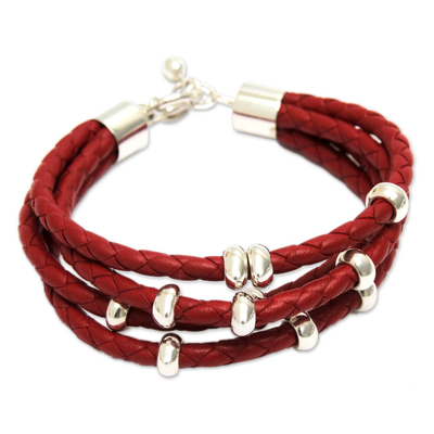 Leather wristband bracelet, 'Scarlet Union' - Leather Wristband Bracelet with Sterling Silver Accents