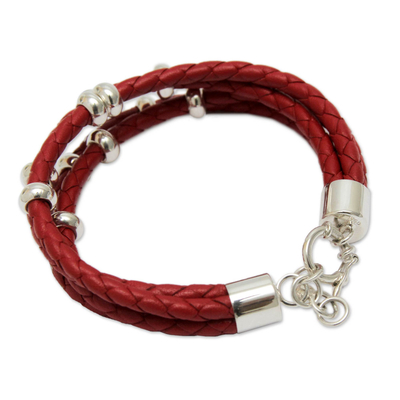 Leather wristband bracelet, 'Scarlet Union' - Leather Wristband Bracelet with Sterling Silver Accents
