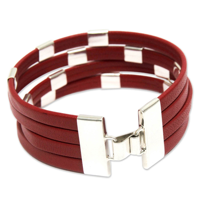 Leather wristband bracelet, 'Code Crimson' - Red Leather and Sterling Silver Wristband Bracelet