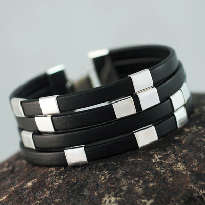 Leather wristband bracelet, 'Code Black' - Handcrafted Leather and Sterling Silver Wristband Bracelet