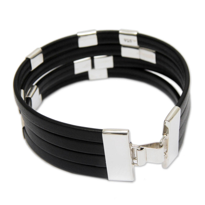 Leather wristband bracelet, 'Code Black' - Handcrafted Leather and Sterling Silver Wristband Bracelet