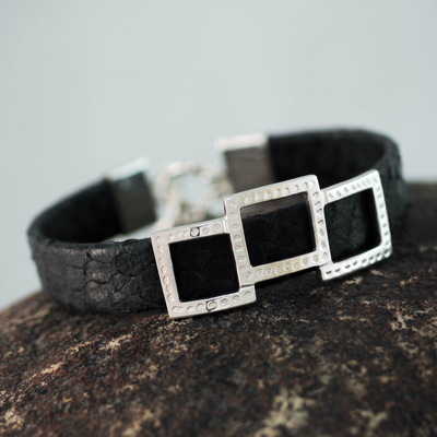 Handmade Leather and Sterling Silver Wristband Bracelet, 'Complex Black