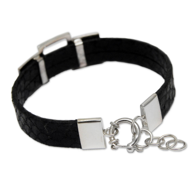 Leather wristband bracelet, 'Complex Black' - Handmade Leather and Sterling Silver Wristband Bracelet