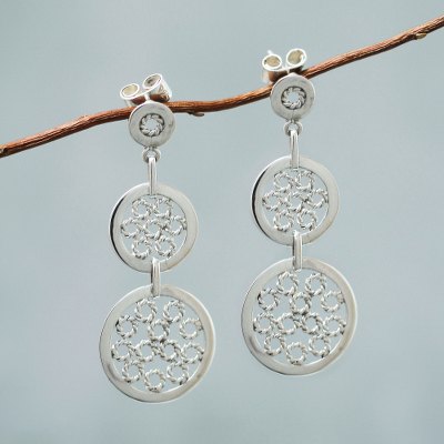Sterling silver dangle earrings, 'Moonlit Honeycombs' - Modern Sterling Silver Earrings from Peru