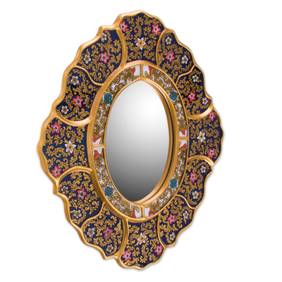 Reverse painted glass wall mirror, 'Garden Gold' - Handcrafted Andean Reverse Painted Glass Wall Mirror