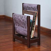 Leather and cedar wood magazine rack, 'Historic Elegance in Lilac'
