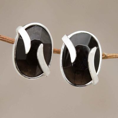Obsidian button earrings, 'Andean Breeze' - Obsidian Earrings Artisan Crafted Peru Silver Jewelry