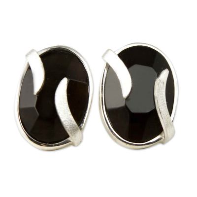 Obsidian button earrings, 'Andean Breeze' - Obsidian Earrings Artisan Crafted Peru Silver Jewelry