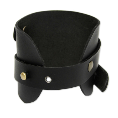 Men's leather wrap bracelet, 'Wari Warrior in Black' - Men's Black Leather Wrap Wristband Bracelet
