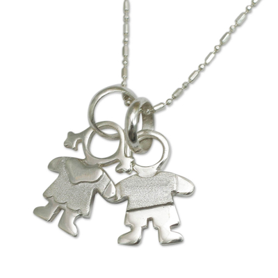 Sterling silver pendant necklace, 'Love of My Life' - Little Boy and Girl Charm Handcrafted Silver Necklace