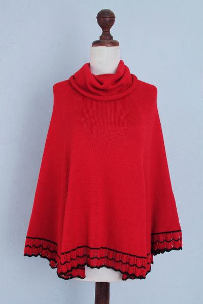Alpaca blend poncho, 'Andean Passion' - Red Alpaca Blend Cowl Neck Poncho