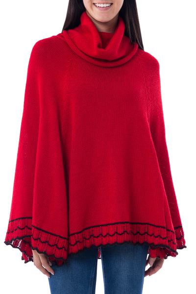 Alpaca blend poncho, 'Andean Passion' - Red Alpaca Blend Cowl Neck Poncho