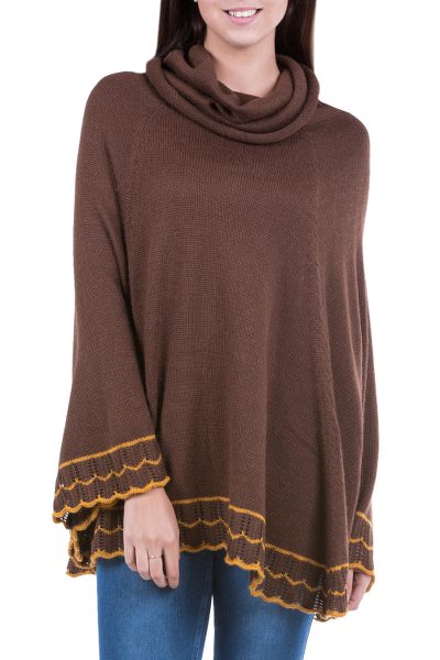 Alpaca blend poncho, 'Andean Warmth' - Brown Alpaca Blend Cowl Neck Poncho