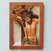 Cedar relief panel, 'Christ Our Help' - Cedar Relief Panel of Jesus on the Cross