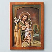 Cedar relief panel, 'Jesus and Joseph by the Window' - Hand Painted Carved Cedar Wood Relief Panel