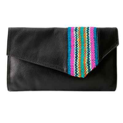 Black Leather Clutch Bag with Wool Panel - Cuzco Rainbow | NOVICA