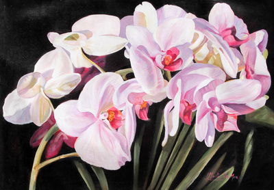 'Harmony in White' - Pintura original firmada de bellas artes de orquídeas blancas y lilas