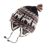 Alpaca blend chullo hat, 'Llama Silhouette' - Black and White Alpaca Blend Chullo Hat