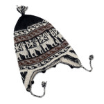 Alpaca blend chullo hat, 'Llama Silhouette' - Black and White Alpaca Blend Chullo Hat