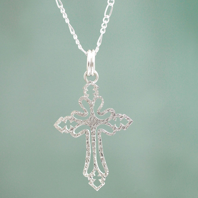 Sterling silver pendant necklace, 'Cross of Light' - Textured Silver Cross Necklace