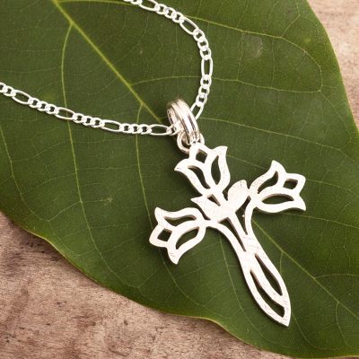 Sterling silver pendant necklace, 'Tulip Cross' - Textured Silver Floral Cross Necklace