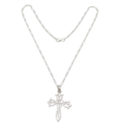 Sterling silver pendant necklace, 'Tulip Cross' - Textured Silver Floral Cross Necklace