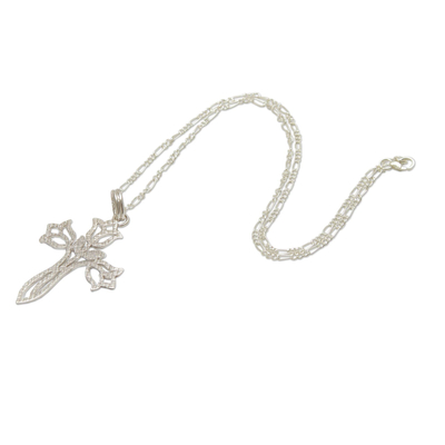 Collar colgante de plata esterlina - Collar cruz floral plata texturizada