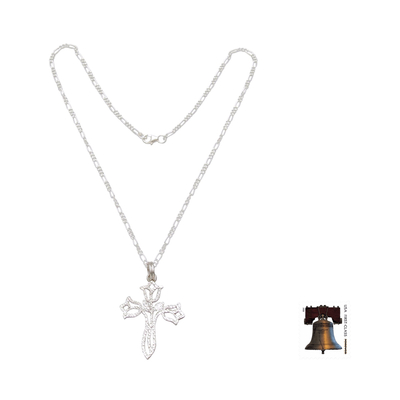 Sterling silver pendant necklace, 'Tulip Cross' - Textured Silver Floral Cross Necklace