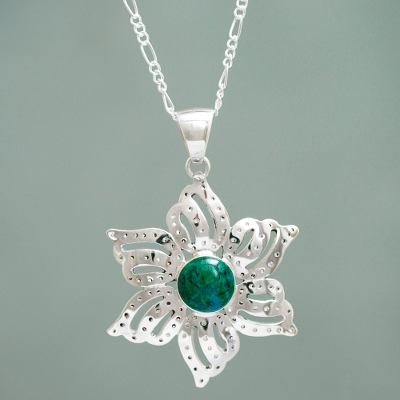 Chrysocolla flower necklace, 'Amaryllis' - Peruvian Artisan Crafted Chrysocolla Floral Necklace