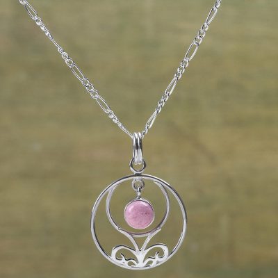 Rhodonite pendant necklace, 'Halo of Grace' - Andean Silver Necklace Set with Rhodonite