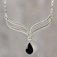 Obsidian pendant necklace, 'Wings of Midnight'