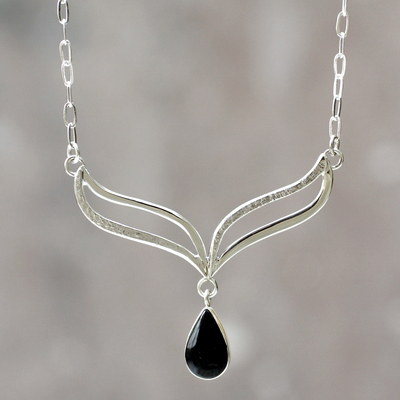 Obsidian pendant necklace, 'Wings of Midnight' - Andean Silver Necklace Set with Black Obsidian