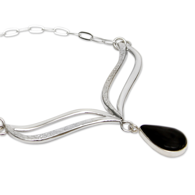 collar con colgante de obsidiana - Juego de Collar Andino de Plata con Obsidiana Negra