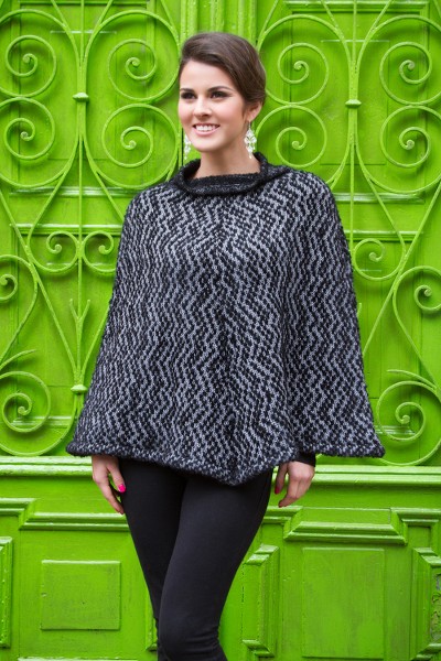 Alpaca blend poncho, 'Andean Shadow' - Knitted Grey and Black Baby Alpaca Blend Poncho