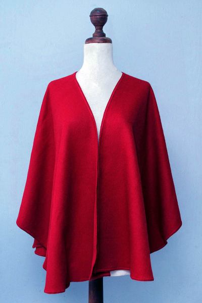 Alpaca blend ruana cloak, 'Scarlet Sky' - Artisan Crafted Open Front Red Alpaca Blend Ruana