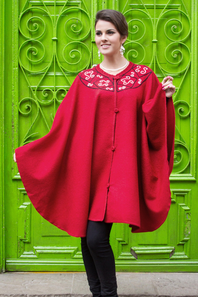Alpaca blend ruana cloak, 'Elegant Red' - Red Alpaca Blend Ruana Cloak with Crochet Trim
