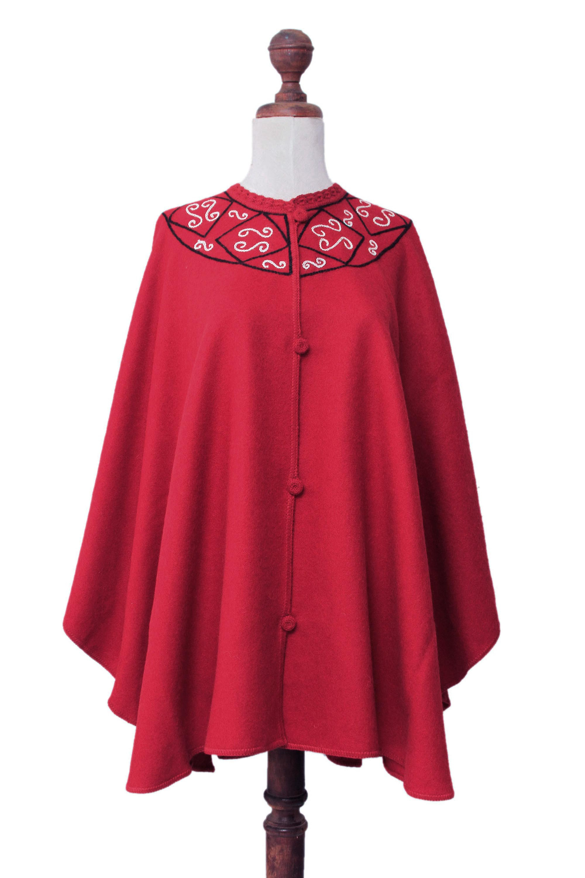 Red Alpaca Blend Ruana Cloak with Crochet Trim - Elegant Red | NOVICA