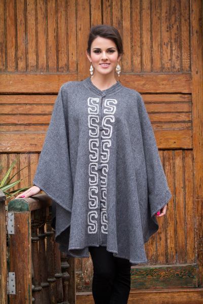 Alpaca blend ruana cloak, 'Misty Grey' - Grey Alpaca Blend Andean Ruana Cloak with White Embroidery