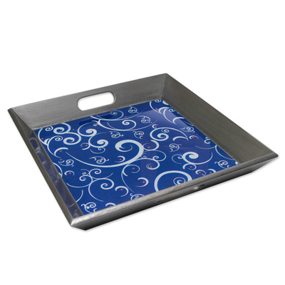 Peruvian Hand Painted Glass Blue Silver Tray