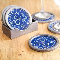 Painted glass coasters, 'Scintillating Night' (set of 6) - Peruvian Hand Painted Glass Blue Silver Coaster Set of 6