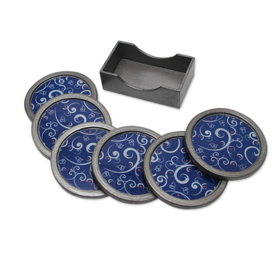 Painted glass coasters, 'Scintillating Night' (set of 6) - Peruvian Hand Painted Glass Blue Silver Coaster Set of 6